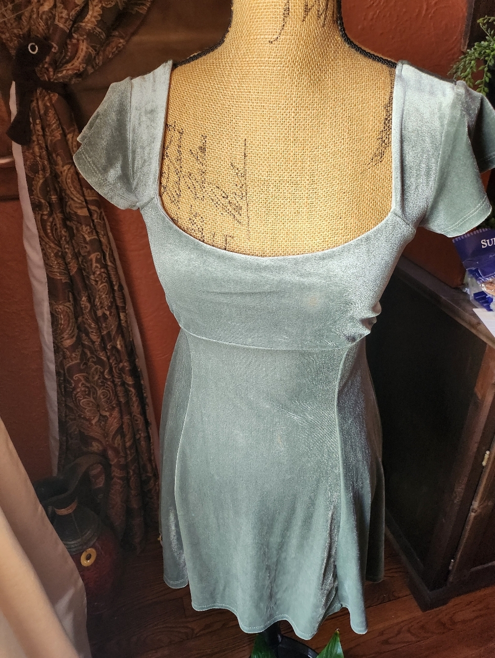 Sage Green Velvet Short Sleeve Skater Dress